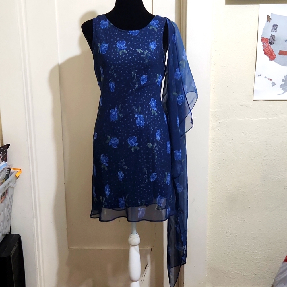 City Triangles Navy Blue Floral Mini Dress with Sheer Scarf